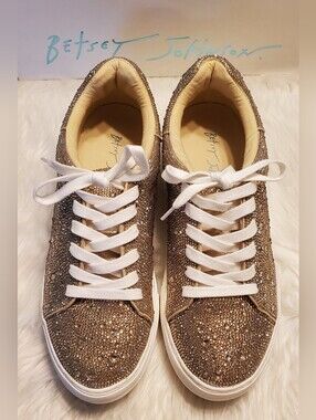 Betsey Johnson Suton Rhinestone Platform Sneakers Gold Bling Sparkle Size 10